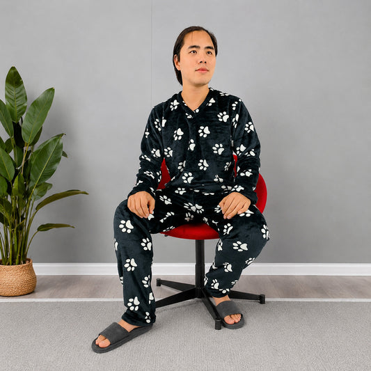 Pijama Térmica Dos Piezas estampada Negro Huellas Blancas Sencilla Para Hombre