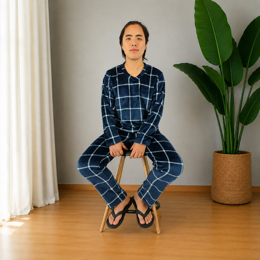 Pijama Térmica Dos Piezas Para Hombre Azul Rayas Blancas