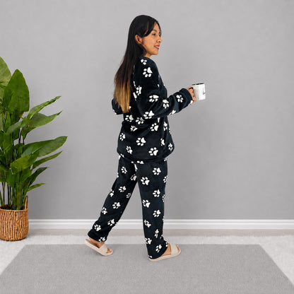 Pijama estampada Negro Huellas termica dos piezas sencilla para dama