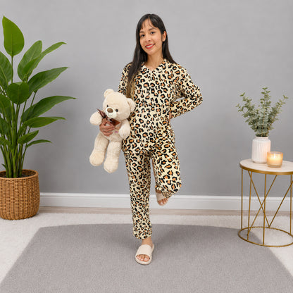 Pijama estampada Leopardo termica dos piezas sencilla para mujer