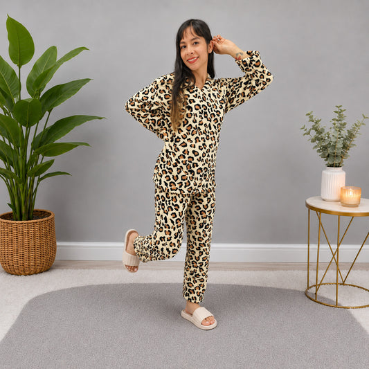 Pijama estampada Leopardo termica dos piezas sencilla para mujer