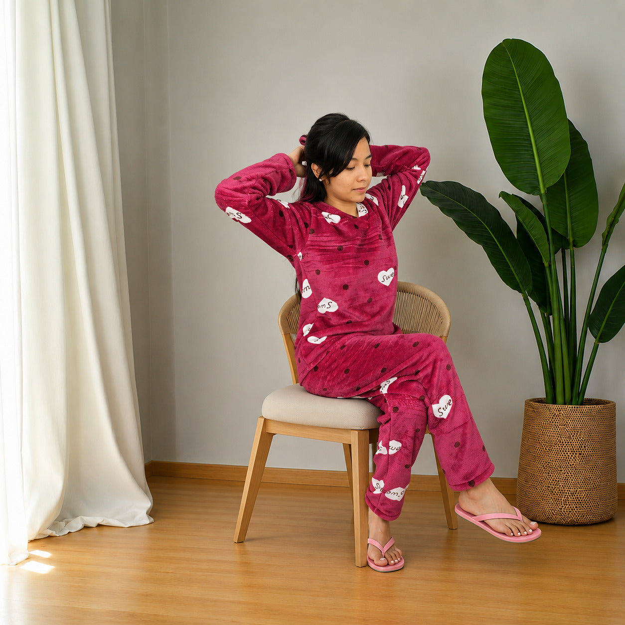 Pijama estampada corazón sweet termica dos piezas sencilla para mujer