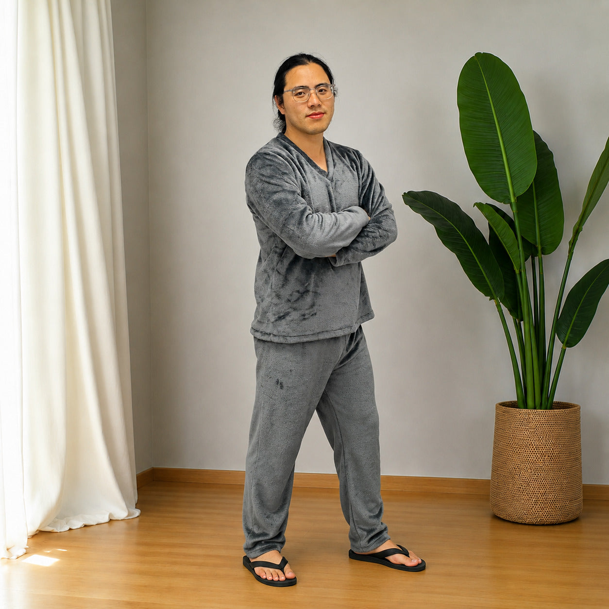 Pijama Térmica Dos Piezas Gris estampada Sencilla Para Hombre