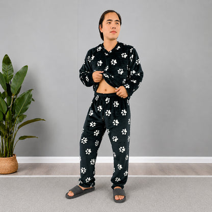 Pijama Térmica Dos Piezas estampada Negro Huellas Blancas Sencilla Para Hombre