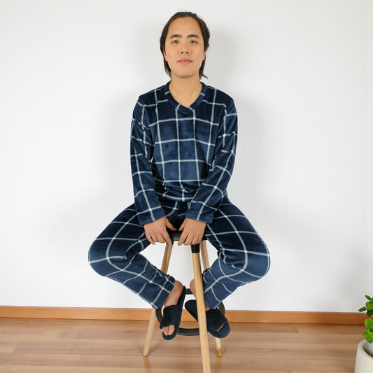 Pijama Térmica Dos Piezas Para Hombre Azul Rayas Blancas