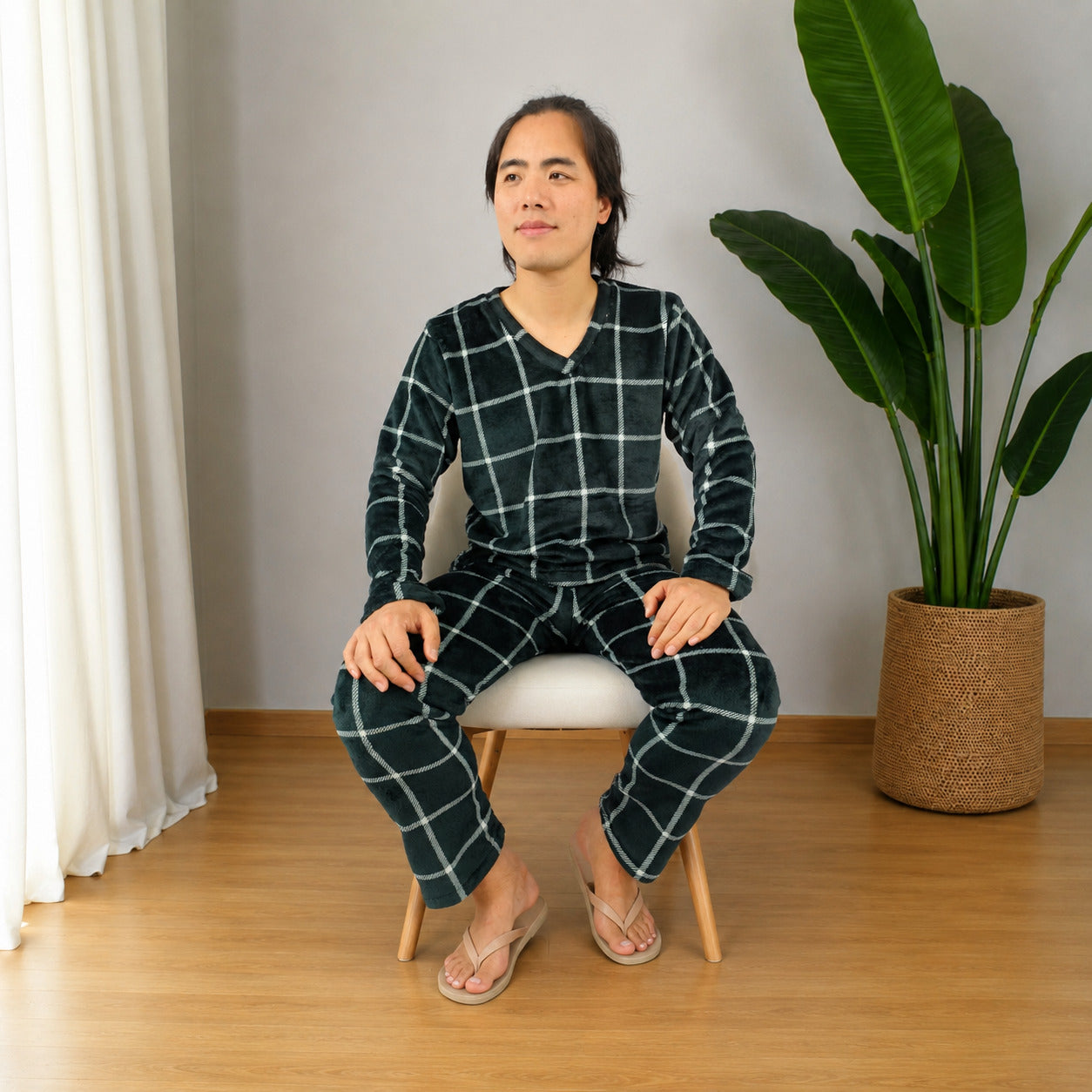 Pijama Térmica Dos Piezas Para Hombre Negro Rayas Blancas