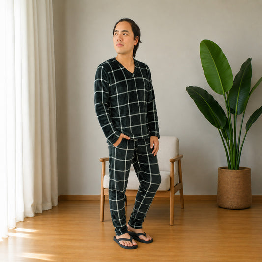 Pijama Térmica Dos Piezas Para Hombre Negro Rayas Blancas