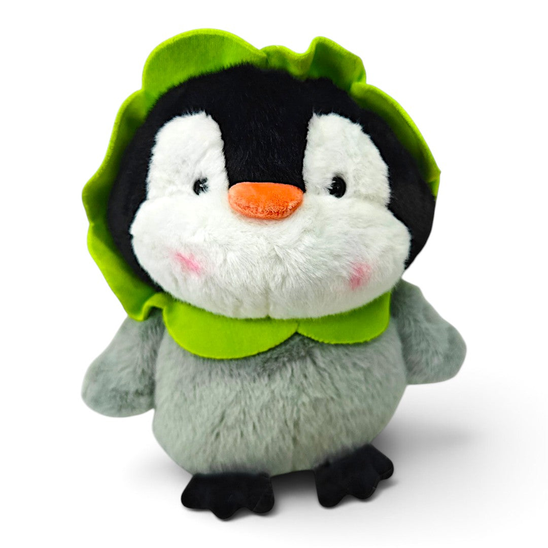 Peluche Pingüino Clásico Gris y Verde con Flor