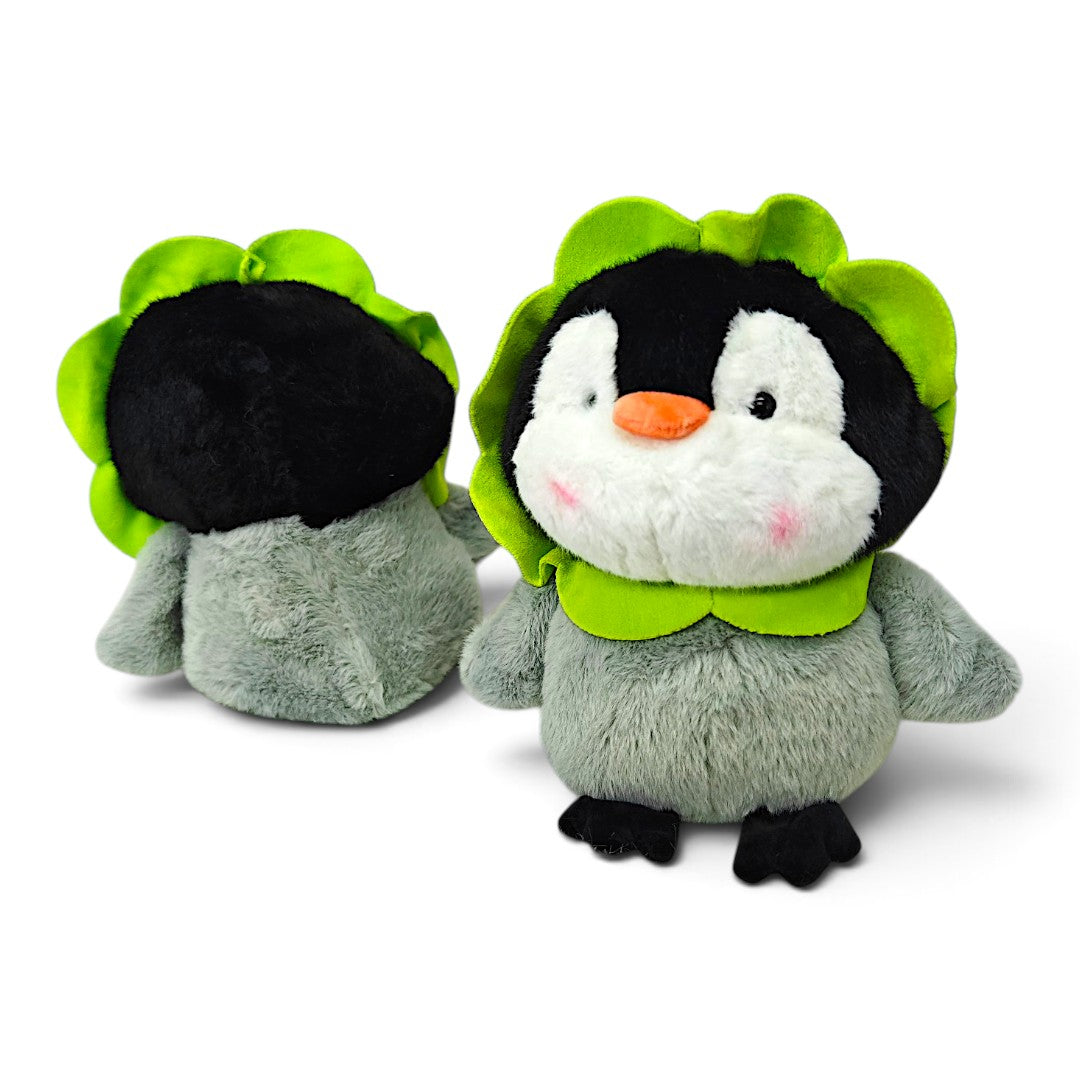 Peluche Pingüino Clásico Gris y Verde con Flor