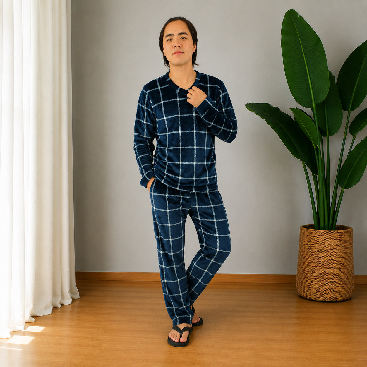 Pijama Térmica Dos Piezas Para Hombre Azul Rayas Blancas