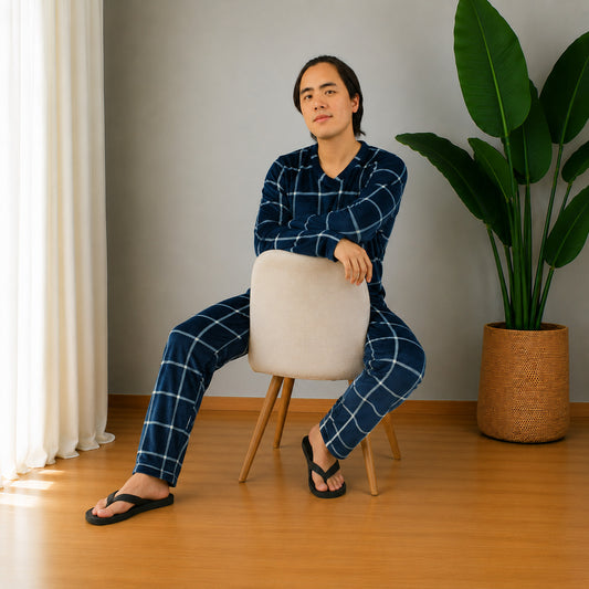 Pijama Térmica Dos Piezas Para Hombre Azul Rayas Blancas