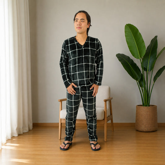 Pijama Térmica Dos Piezas Para Hombre Negro Rayas Blancas
