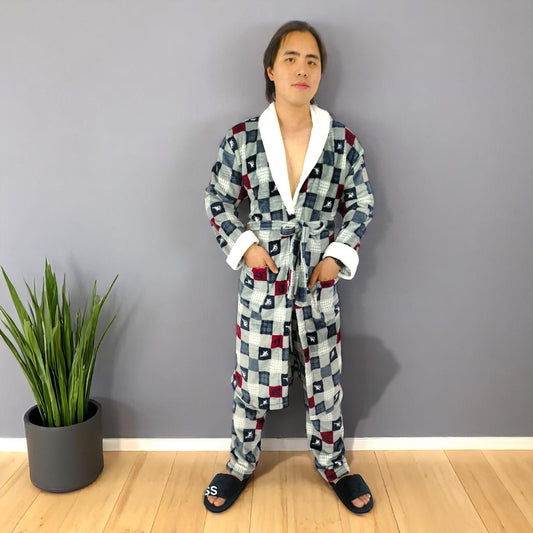 Bata estampada Térmica Levantadora Para Hombre Pijama Cuadros Grises Cuello Blanco