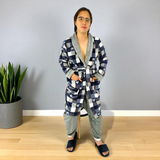 Bata estampada Térmica Levantadora Para Hombre Pijama Coronas Cuadros Grises