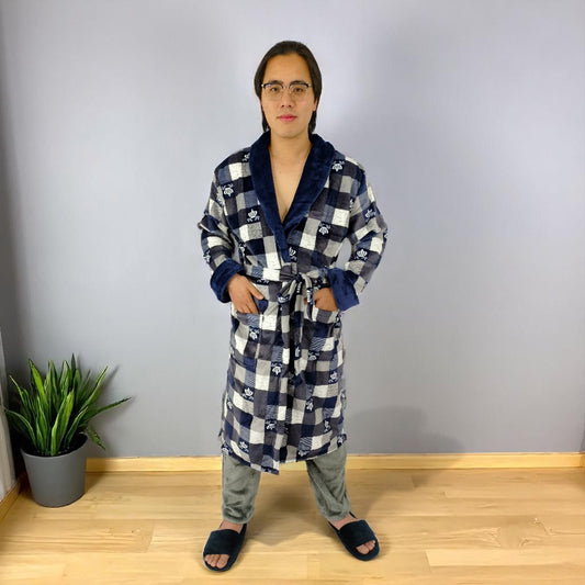 Bata estampada Térmica Levantadora Para Hombre Pijama Coronas Cuadros Grises