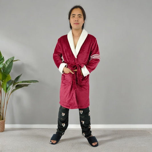 Bata unicolor Levantadora Térmica Para Hombre Pijama Vinotinto Cuello Blanco