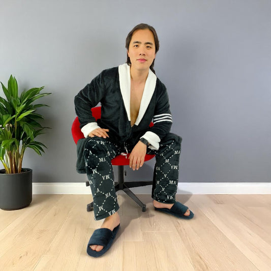 Bata unicolor Levantadora Térmica Para Hombre Pijama Negra Cuello Blanco