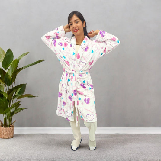 Bata estampada levantadora térmica para dama pijama blanco corazón