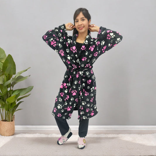 Bata estampada levantadora térmica para dama pijama huellas fucsia