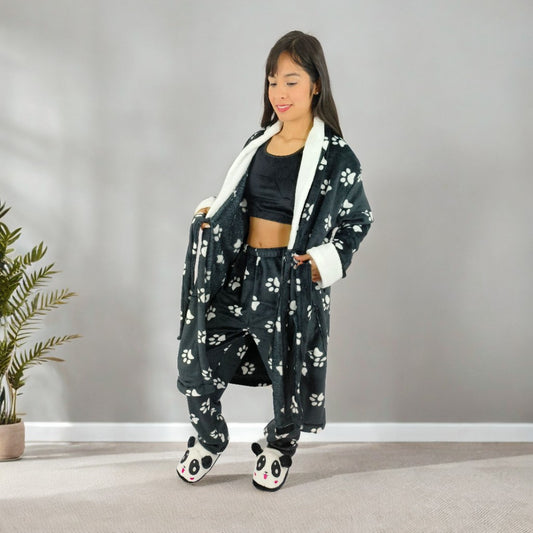 Bata levantadora unicolor y estampada térmica para dama negro huellitas cuello blanco