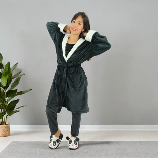 Bata levantadora unicolor y estampada térmica para dama negro cuello blanco