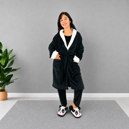 Bata levantadora unicolor y estampada térmica para dama negro cuello blanco