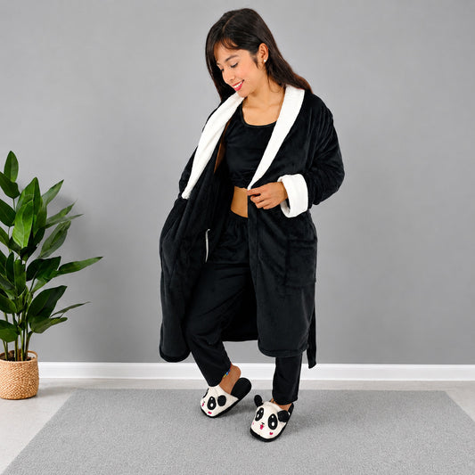 Bata levantadora unicolor y estampada térmica para dama negro cuello blanco