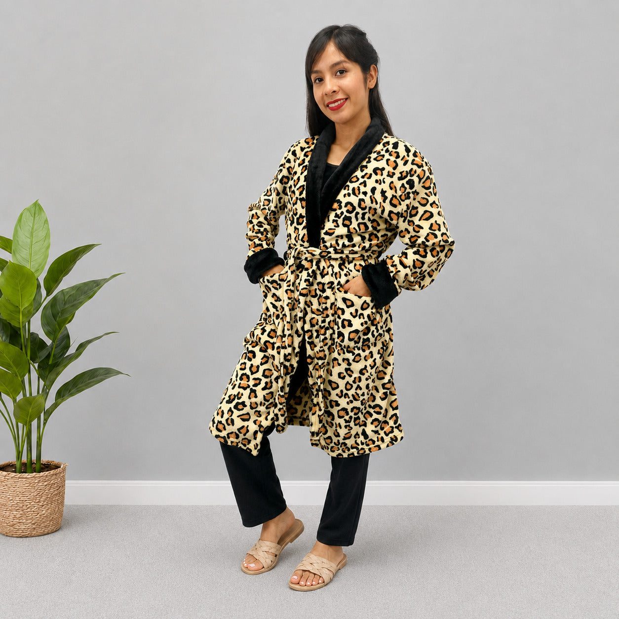 Bata estampada levantadora térmica para dama pijama leopardo