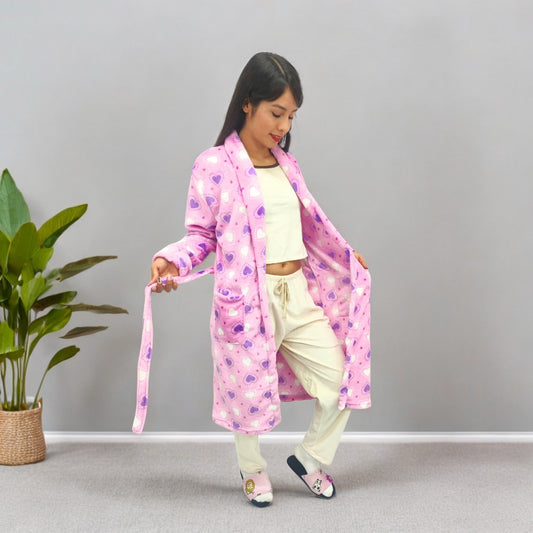 Bata estampada levantadora térmica para dama pijama rosado corazón lila