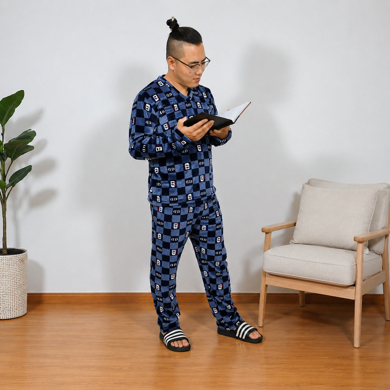 Pijama Térmica Dos Piezas estampada Cuadros Azules Sencilla Para Hombre